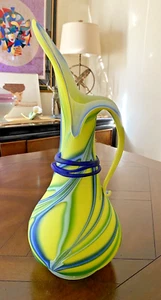 Beautiful Essie Zareh Baijan Art Glass Yellow Blue Pitcher 16'' Tall Signed - Picture 1 of 18