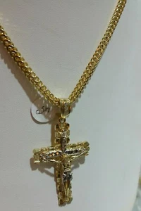 Real 10k Yellow Gold Jesus Cross Charm Pendant 22" franco chain SET - Picture 1 of 3