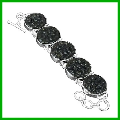 Round Moldavite Stone Sterling Silver Mother Gift Elegant Chain Bezel Bracelet - Image 1 of 4