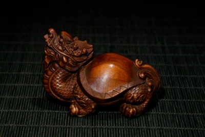 Estátuas requintadas de tartaruga dragão esculpidas à mão de buxo natural chinês - Imagem 1 de 4