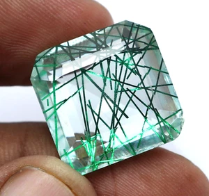 32 Ct Natural Green Rutilated Quartz AAA Asscher Cut Loose Doublet Gemstone - Picture 1 of 6