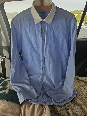 DKNY Men's Dress Shirt Medium 15 32/33 Slim Fit Blue Pin Stripes Long Sleeve - Image 1 of 4