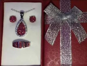 Dazzling Cherry Red Fire Opal CZ Pear Necklace, Earrings, & Ring Size 7 Set - Picture 1 of 8