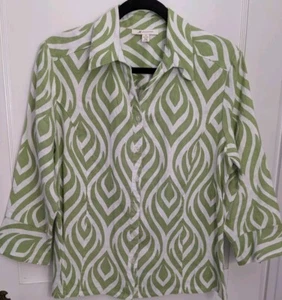 JM Collection Women's 10  Tunic Shirt Green/White Linen Long Sleeves PreOwned  - Picture 1 of 7