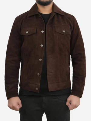 Men's Dark Brown Suede Trucker Western Cowhide Retro Winter Leather Jacket - Image 1 of 4