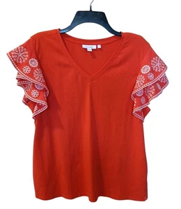 Chico’s Damen-Top Größe Large (2) bestickt Flatterärmel V-Ausschnitt korallenrot - Bild 1 von 11