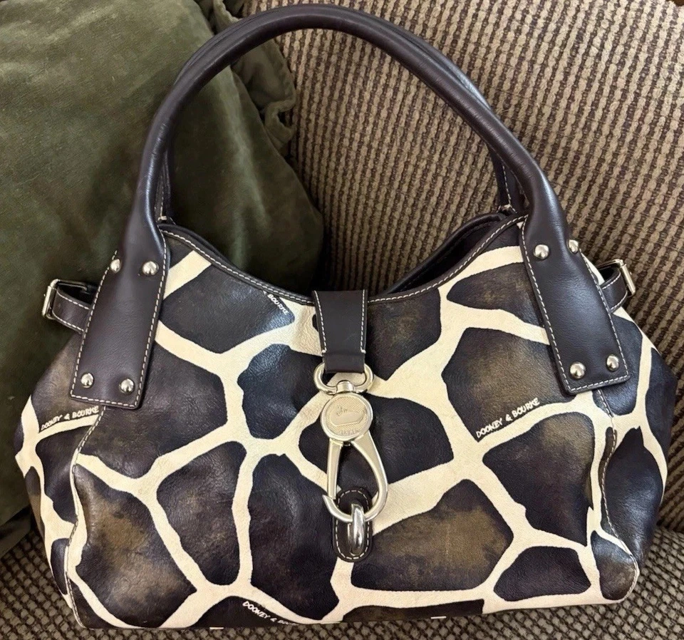 Dooney Bourke Brown Exotic Serengeti Giraffe Animal Print Leather Hobo Tote Bag - Image 1 of 4