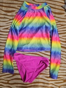 Girls Long Sleeve Shirt 2 Piece Swimwear Set Neon Pink Multicolor Size 8 Medium - Picture 1 of 4