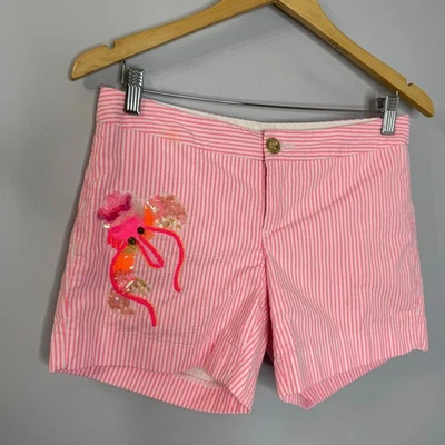 Lilly Pulitzer Pink Striped Callahan Party Sequin Shorts Pink Seersucker Sz 2 - Image 1 of 4