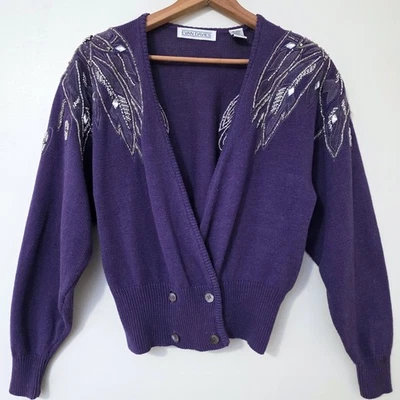 Vintage Evan Davies Beaded Cardigan Sz M Purple 80s Glam Sweater Whimsigoth - Image 1 of 4