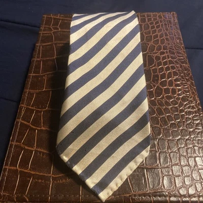 Charles Tyrwhitt Men's Seven Fold Tie  Silk Navy Blue & White Stripe 4” - Image 1 of 4