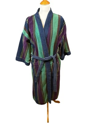 Bata de baño vintage de los 60’s 70’s de terciopelo azul púrpura a rayas con cinturón talla única Foto 1 de 4