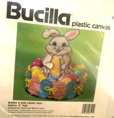 Bucilla Santa Plastic Canvas Bunny & Egg Candy Dish Easter Rabbit Decor 1994 VTG - Image 1 of 3