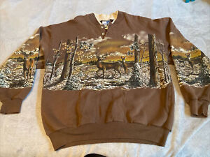 Vintage Art Unlimited Sportswear Hunting Deer All Over Print Sweatshirt Pockets