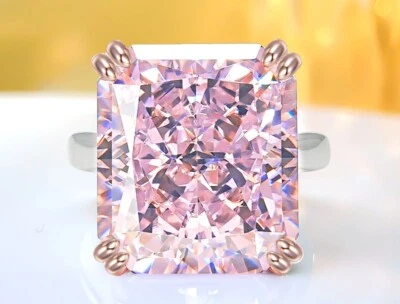 16ct Rectangular Crushed Ice Lab Grown Pink Diamond Ring, 18K Gold Plated - Image 1 of 4