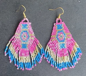 Pendientes Boho Estilo Nativo Rosa Azul Oro Semilla Cuentas Flecos Borla Largos - Imagen 1 de 6