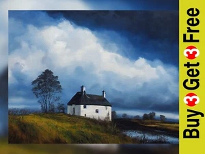 White cottage on Scottish highlands, print of original oil painting. Wall art - Picture 1 of 8