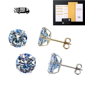 14K Gold GRA Certified D-VVS1 Ocean Blue Moissanite Push Back Studs Earrings - Picture 1 of 14