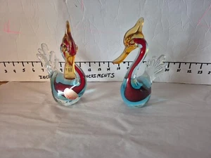 2 1950s Murano Seguso Sommerso Blown Glass Swan Statues Figurines Original Tag - Picture 1 of 16