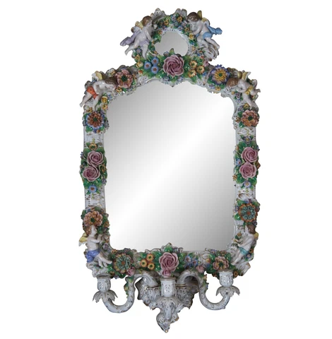 Vintage Capodimonte Porcelain Floral Cherub Candelabra Wall Mirror Dresden 32” Cover