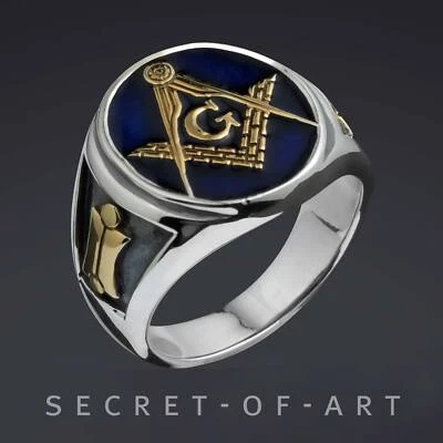 Anillo Masónico Plata 925 Francmasón Azul Logia Joyería Hombres Chapado en Oro Talla 8-13 Foto 1 de 4