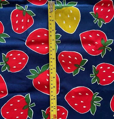 Strawberry Print Cotton Fabric Blue Field Sewing 44"W x 36"L Remnant Piece - Image 1 of 4
