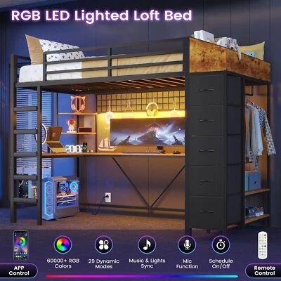 Cama Loft Tamaño Doble con Árbol de Hall, Estación de Carga y Luces LED, Escritorio en Forma de L Foto 1 de 4