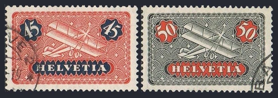 Switzerland C8-C9, used var 2. Michel 193x-184x. Biplane against Sky, 1923-1935. - Image 1 of 1