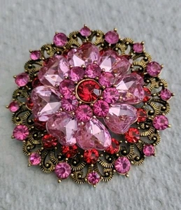 Pink & Red Gold Tone Flower Brooch 2.25" Diameter - Picture 1 of 3
