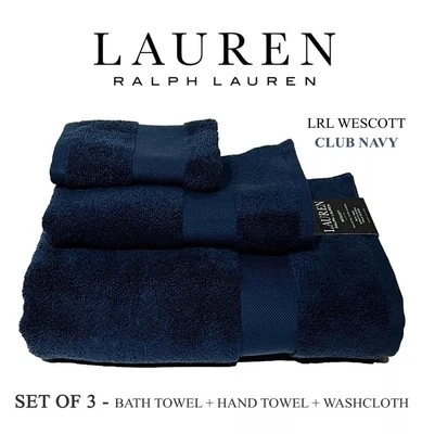 3 piezas Ralph Lauren Wescott algodón suave baño toallas club azul marino Foto 1 de 4