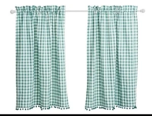 Pioneer Woman türkis Gingham Vorhänge - 4er Set (2 Paar) Cafe Vorhänge - mit Bommelborte - Bild 1 von 3