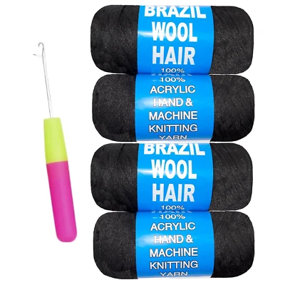 4 rollos de hilo de lana brasileña negro natural para trenzas jumbo trenzar cabello para Foto 1 de 4