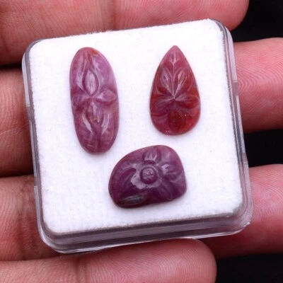 3 Pcs Natural Ruby Red Unheated Hand Carved 13mm-18mm Gemstones Huge Loose Lot - Image 1 of 4