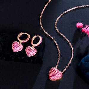 Fashion 585 Gold Rose Red CZ  Women Heart Pendant Necklace Earrings Jewelry Set