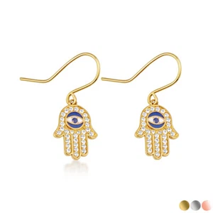 14K Gold CZ Studded Hamsa Hand Evil Eye Of Protection Earrings(Yellow/White) - Picture 1 of 5
