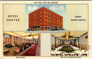 FARGO, NORTH DAKOTA - HOTEL GRAVEL - MULTI-VIEW VINTAGE LINEN POSTCARD - Picture 1 of 2