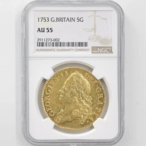 1753 Great Britain George II 5 Guinea Gold Coin NGC AU 55 - Picture 1 of 4