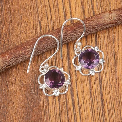 African Amethyst Gemstone 925 Sterling Silver Earrings Handmade Jewelry Gift - Image 1 of 3