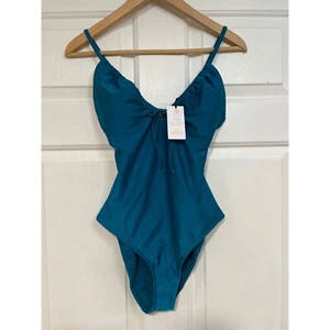 NEW Shade & Shore One Piece Swimsuit Tie Front Lined Teal Blue High Leg S - Picture 1 of 6