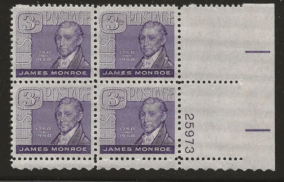 US Scott #1105, Plate Block #25973 1958 Monroe 3c FVF MNH Lower Right - Image 1 of 1