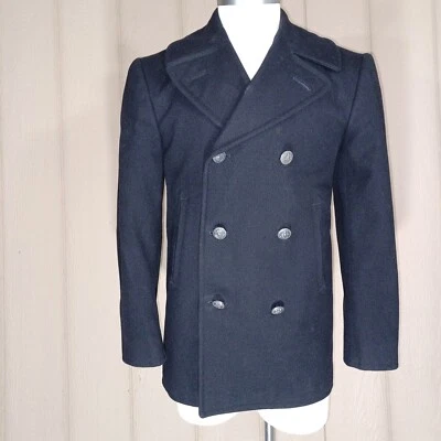 VINTAGE Navy Mens Size 36R Black WOOL Double Breasted Metal Button Pea Coat - Image 1 of 4