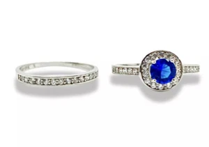 Weißgold Finish blauer Saphir und geschaffener Diamant Ring Set Gr. M 1/2 - Bild 1 von 8