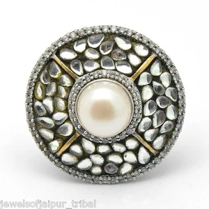 Yellow Gold Plated Sterling Silver Pearl & CZ Round Ring Women Jewelry - Picture 1 of 1