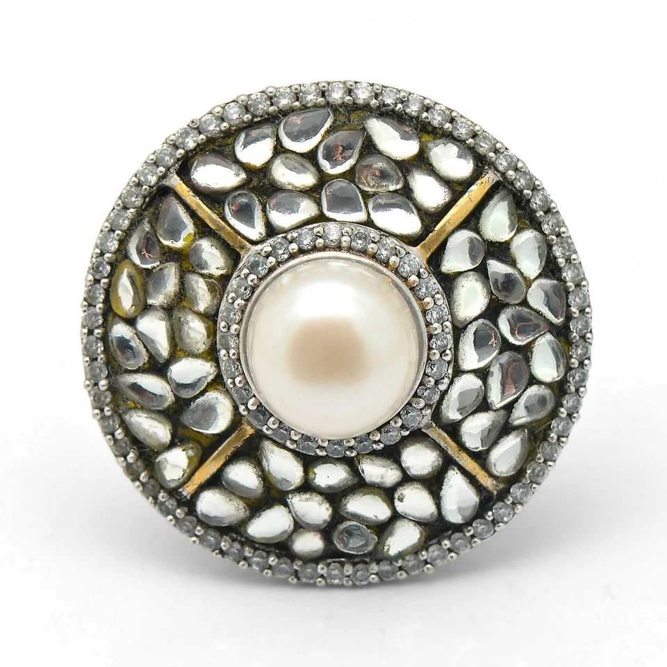 Yellow Gold Plated Sterling Silver Pearl & CZ Round Ring Women Jewelry - Image 1 of 1