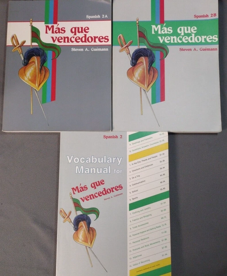 lot of 3 Abeka Spanish 2 Mas Que Vencedores  2A + 2B + Vocabulary Manual set - Image 1 of 4