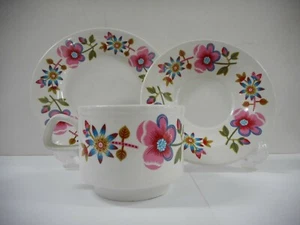 RETRO STAFFORDSHIRE POTTERIES TEA CUP SAUCER PLATE TRIO / MODDERSHALL PATTERN - Bild 1 von 6