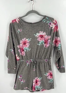 Justice Girls Pajama Romper Size L 12 / 14 Gray Pink Floral Velour One Piece - Picture 1 of 4