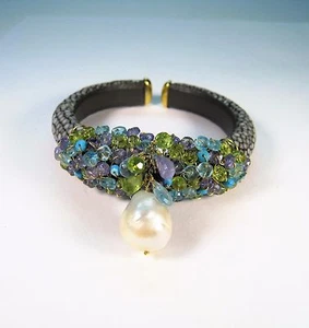 PEARL, TURQUOISE, APATITE PERIDOT IOLITE STINGRAY BRACELET, GOLD over 925 SILVER - Picture 1 of 11