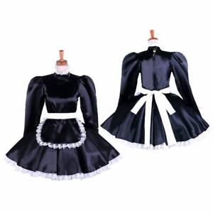 Girl Sissy Sexy maid lockable Black Satin dress Cosplay Costume CD/TV Tailored