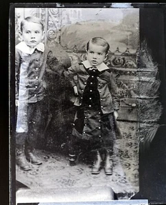 Antique Glass Negative 2 Boys Brothers Dress 5 x 4 in Hidden Mother? C1912 - Picture 1 of 4